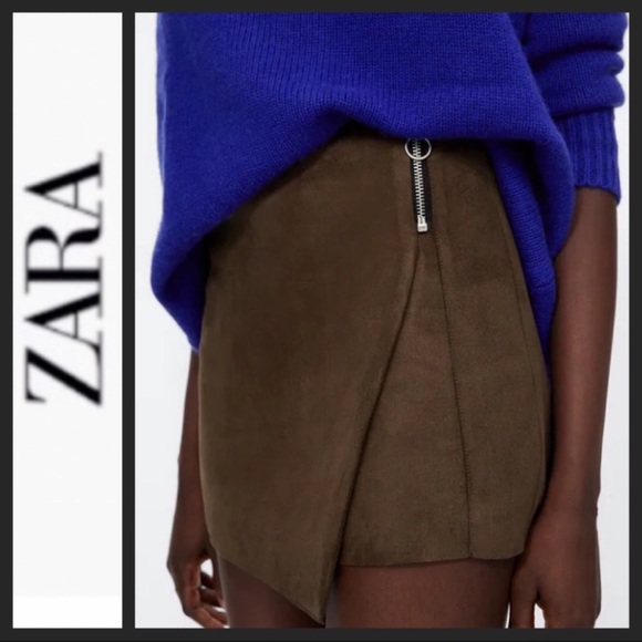Zara Brown Suede Skort with Zipper Detail - Picture 3 of 7